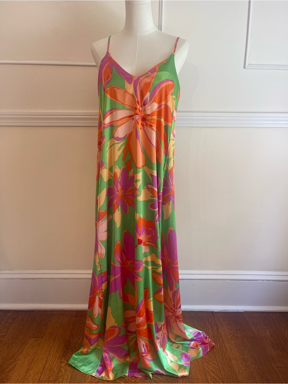 Tahari Green Floral Slip Maxi Dress with Orange & Pink Blooms
